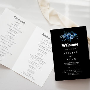 Royal Navy Blue Floral Folded Wedding Programme
