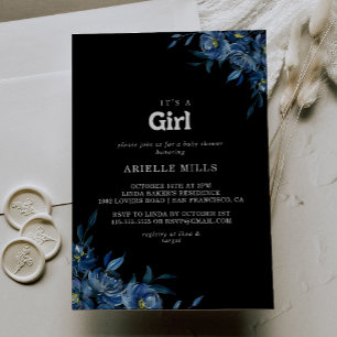 Royal Navy Blue Floral It's A Girl Baby Shower  Invitation