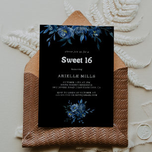 Royal Navy Blue Floral Sweet 16 Birthday Party Invitation