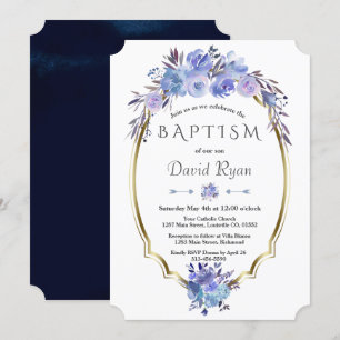 Royal Navy Blue Gold Blue Floral Boy Baptism Invitation
