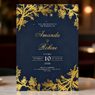 Royal Navy Blue Gold Botanical Luxury Wedding Invitation