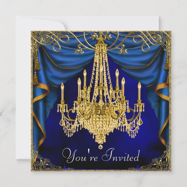 Royal Navy Blue Gold Chandelier Party Invitations (Front)