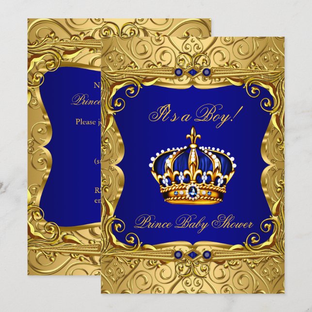 Royal Navy Blue Gold Crown Baby Shower Invitation (Front/Back)