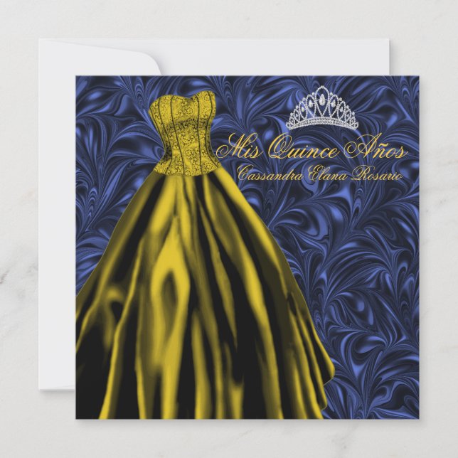 Royal Navy Blue Gold Dress Blue Gold Quinceanera Invitation (Front)