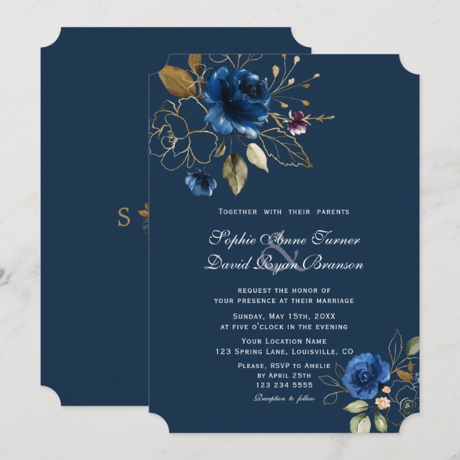 Royal Navy Blue Gold Flowers Wedding Invitation (Front/Back)