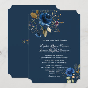 Royal Navy Blue Gold Flowers Wedding Invitation