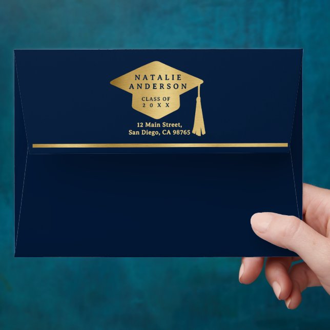 Royal Navy Blue Gold Graduate Hat Graduation Party Envelope (Hand)