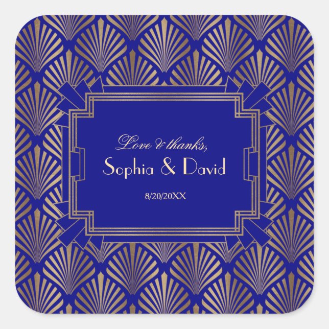 Royal Navy Blue Gold Great Gatsby Art Deco Wedding Square Sticker (Front)