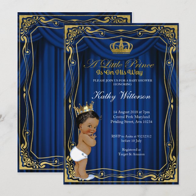 Royal Navy Blue Gold Prince Baby Shower invitation (Front/Back)
