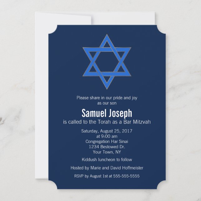 Royal Navy Blue Gold Star of David Bar Mitzvah Invitation (Front)