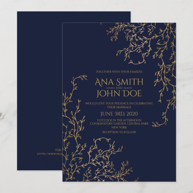 Royal Navy-Blue & Gold Wedding Invitation (Front/Back)
