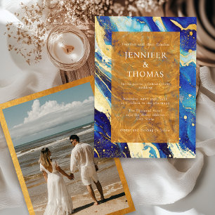 Royal Navy Blue Gold Wedding Invitation With Photo