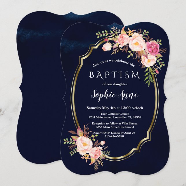 Royal Navy Blue Pink Floral Gold Girl Baptism Invitation (Front/Back)
