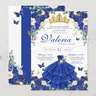 Royal Navy Blue Rose Butterfly Princess Birthday Invitation