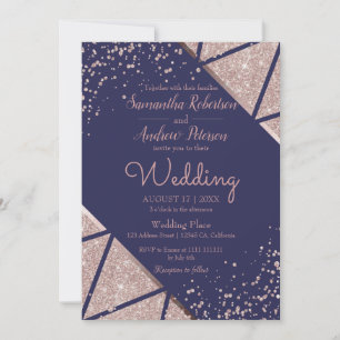 Royal Navy Blue Rose Gold Confetti Glitter Wedding Invitation