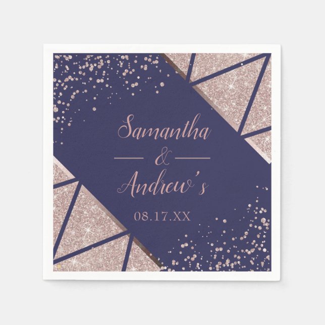 Royal Navy Blue Rose Gold Confetti Glitter Wedding Napkin (Front)
