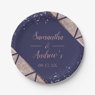 Royal Navy Blue Rose Gold Confetti Glitter Wedding Paper Plate