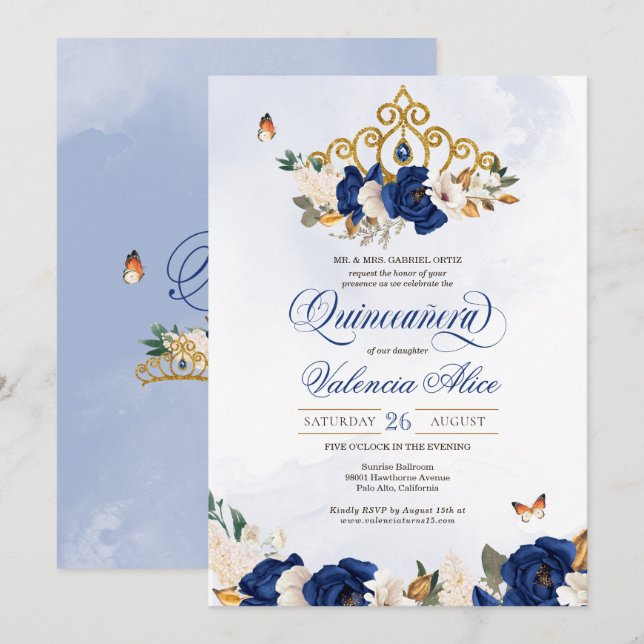 Royal Navy Blue Roses Gold Tiara Butterfly Quince Invitation (Front/Back)