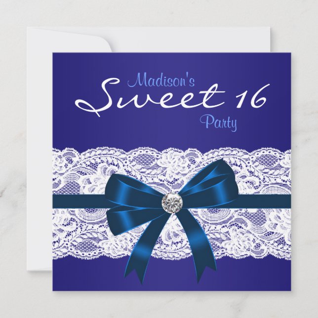 Royal Navy Blue White Lace Blue Sweet 16 Party Invitation (Front)