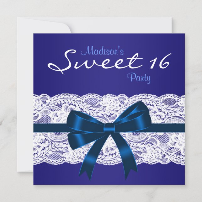 Royal Navy Blue White Lace Blue Sweet 16 Party Invitation (Front)