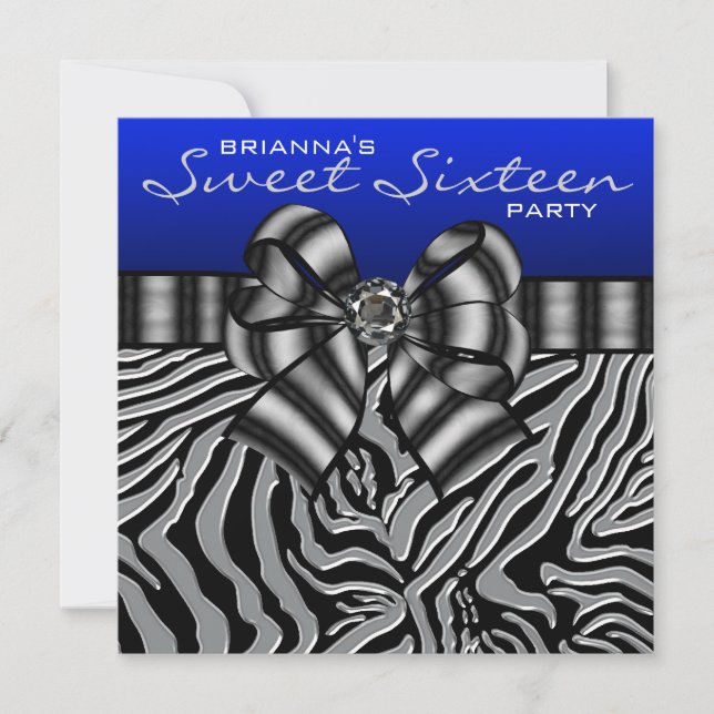 Royal Navy Blue Zebra Sweet 16 Birthday Party Invitation (Front)