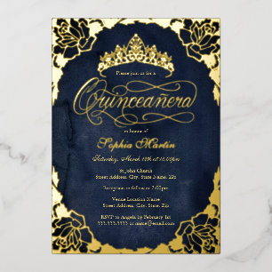 Royal Navy Gold Elegant Rose Script Quinceanera 