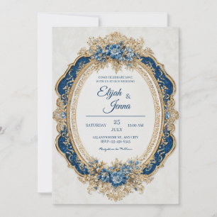 Royal Navy Gold Floral Baroque Scalloped Oval Invitation