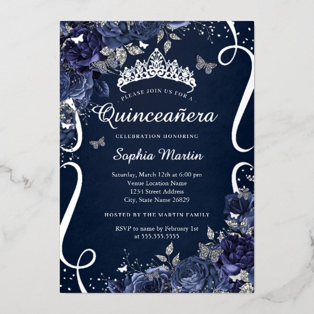 Royal Navy Scroll Floral Butterfly Quinceanera (Front)