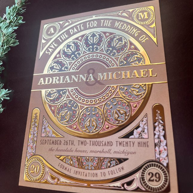 Royal Nouveau Real Gold Foil Save the Date Foil Invitation Postcard (Creator Uploaded)