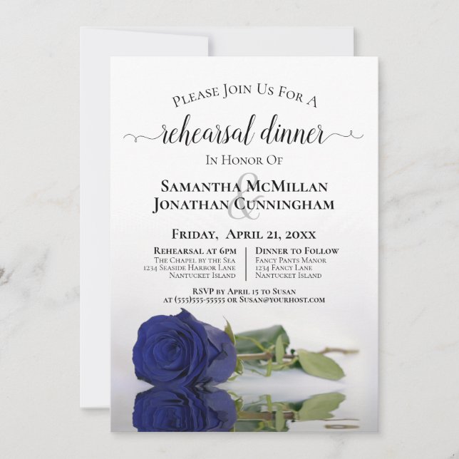 Royal or Navy Blue Rose Wedding Rehearsal Dinner Invitation (Front)