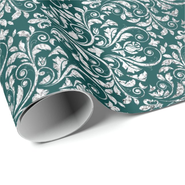 Royal Ornament Damask Teal Silver Vip Wrapping Paper (Roll Corner)