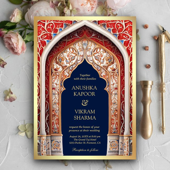 Royal Palace Red Arch Photo Blue Indian Wedding Invitation (Creator Uploaded)