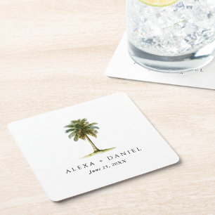 Royal Palm Tree Tropical Wedding Square Paper Coaster