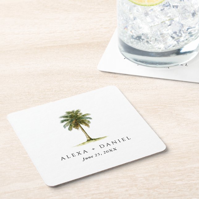 Royal Palm Tree Tropical Wedding Square Paper Coaster (Creator Uploaded)