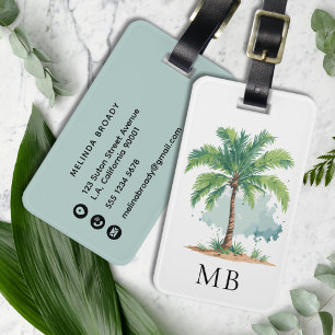Royal Palm Tree Watercolor Tropical Monogram Luggage Tag