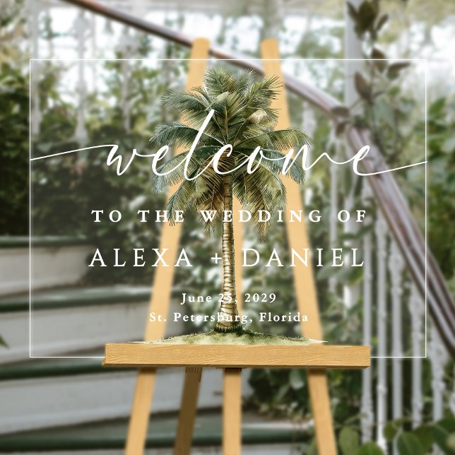 Royal Palm Tropical Wedding Welcome Acrylic Sign (Creator Uploaded)