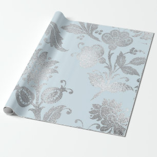 Royal Pastel Blue Silver Roses Shiny Wrapping Paper