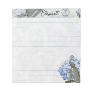 Royal peacock and hydrangea personalised notepad
