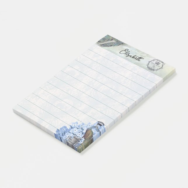 Royal peacock and hydrangea personalised post-it notes (Angled)
