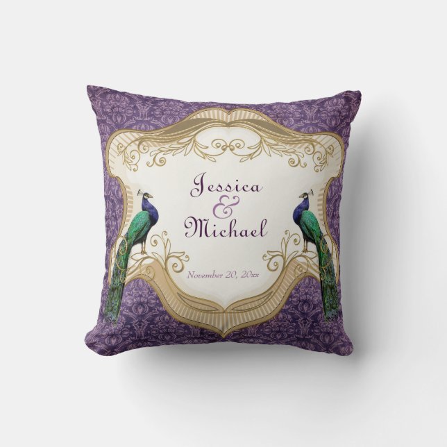 Royal Peacock (Purple) Personalised Anniversary Cushion (Front)