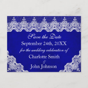 Royal Personalised Blue Cobalt Lace Save the Date Announcement Postcard