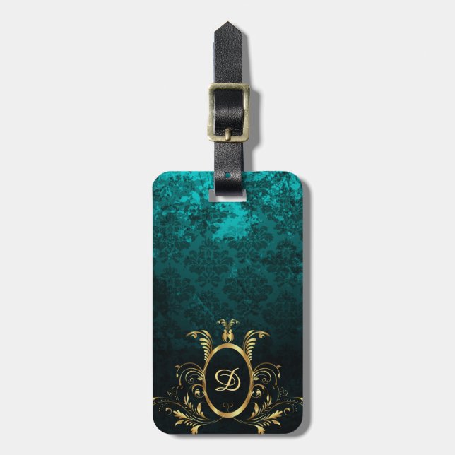 Royal Personalised Damask Turquoise Luggage Tag (Front Vertical)