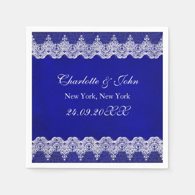 Royal Personalized Cobalt Lace Wedding Napkin (Front)