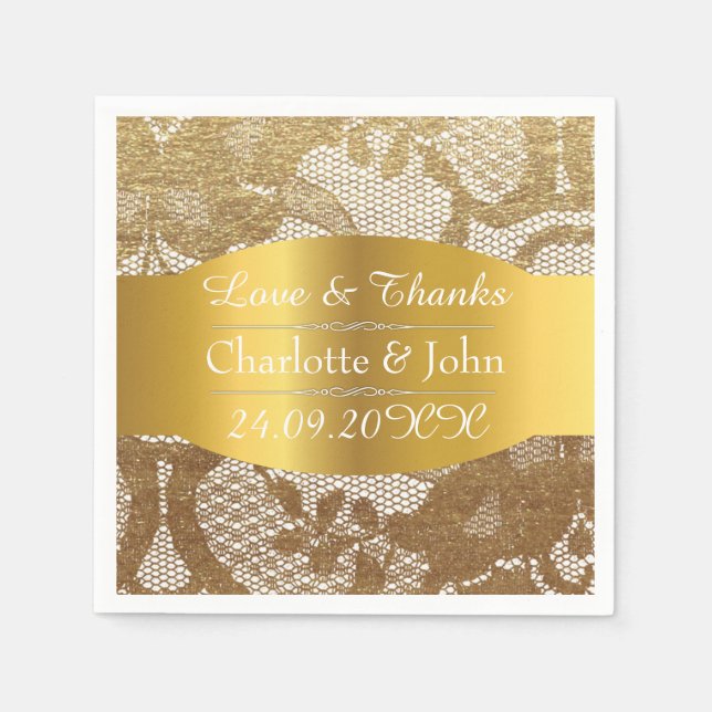 Royal Personalized Golden Grungy Lace Wedding Napkin (Front)