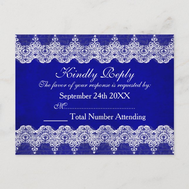 Royal Personalized RSVP Blue Cobalt Lace Postcard (Front)