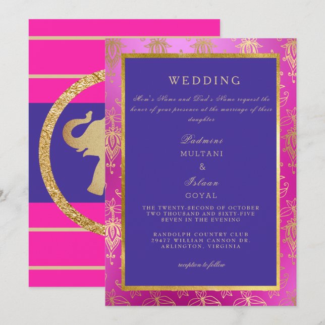 Royal Pink and Blue Colourful Wedding Invitation (Front/Back)