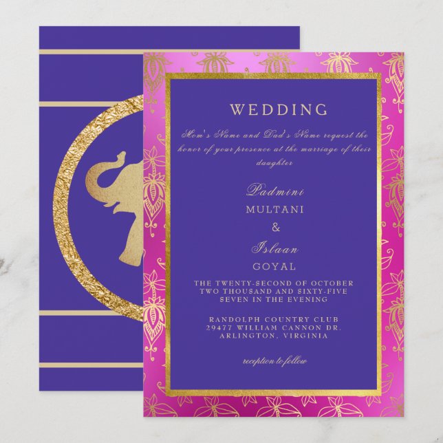 Royal Pink & Blue Colourful Wedding Invitation (Front/Back)