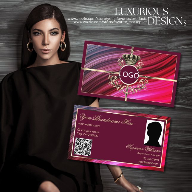 Royal Pink Burgundy Gold Crown Logo Photo QR Code Business Card (Creator Uploaded)