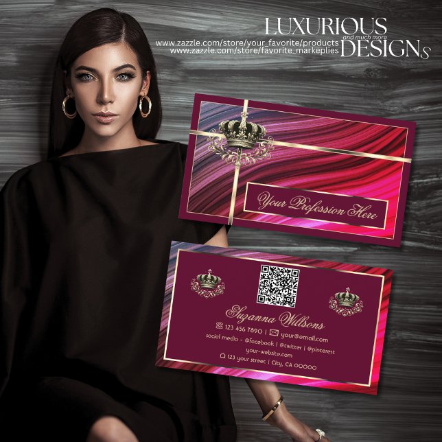 Royal Pink Burgundy Gold Crown with QR Code Nobly Business Card (Creator Uploaded)