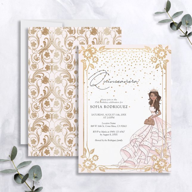 Royal Pink & Gold Dress Glam Quinceanera Birthday Invitation (Creator Uploaded)